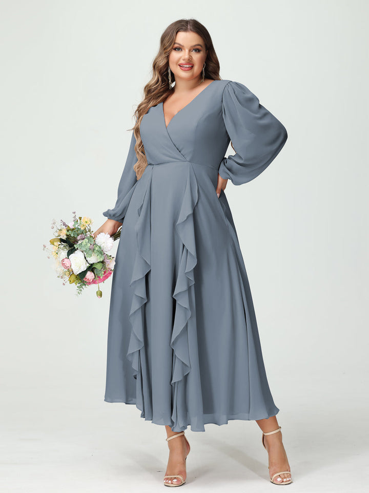 A-Line/Princess V-Neck Long Sleeves Chiffon Tea-Length Plus Size Bridesmaid Dresses with Pockets & Ruffles