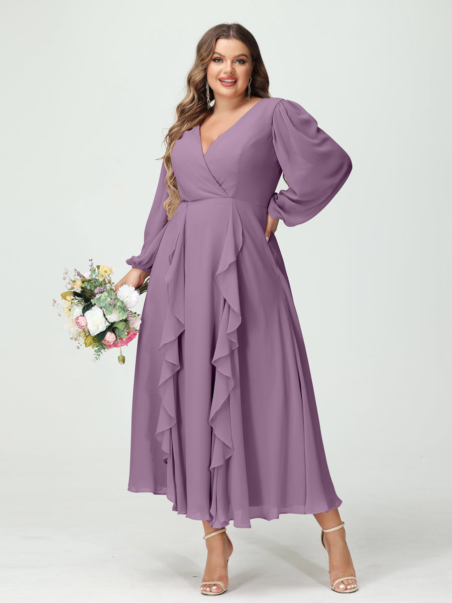 A-Line/Princess V-Neck Long Sleeves Chiffon Tea-Length Plus Size Bridesmaid Dresses with Pockets & Ruffles
