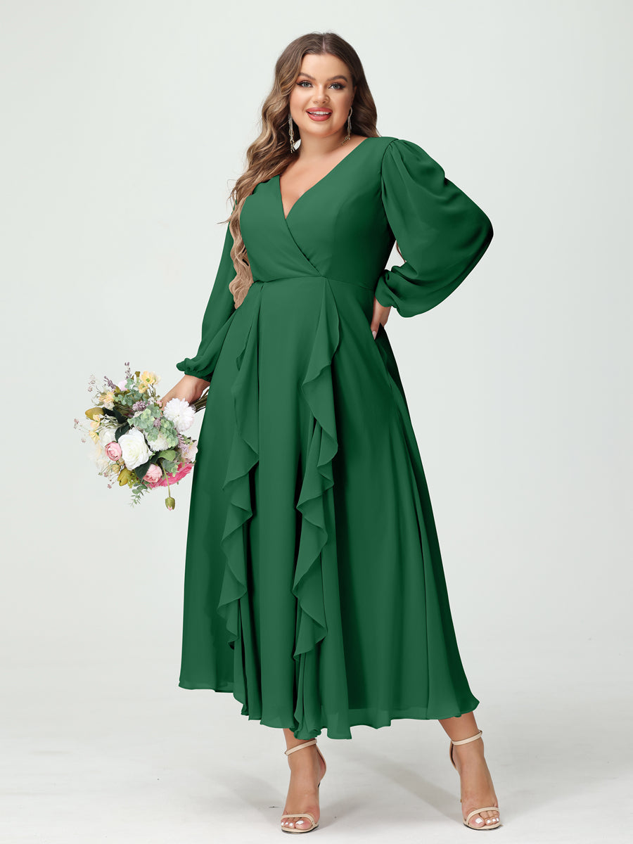 A-Line/Princess V-Neck Long Sleeves Chiffon Tea-Length Plus Size Bridesmaid Dresses with Pockets & Ruffles