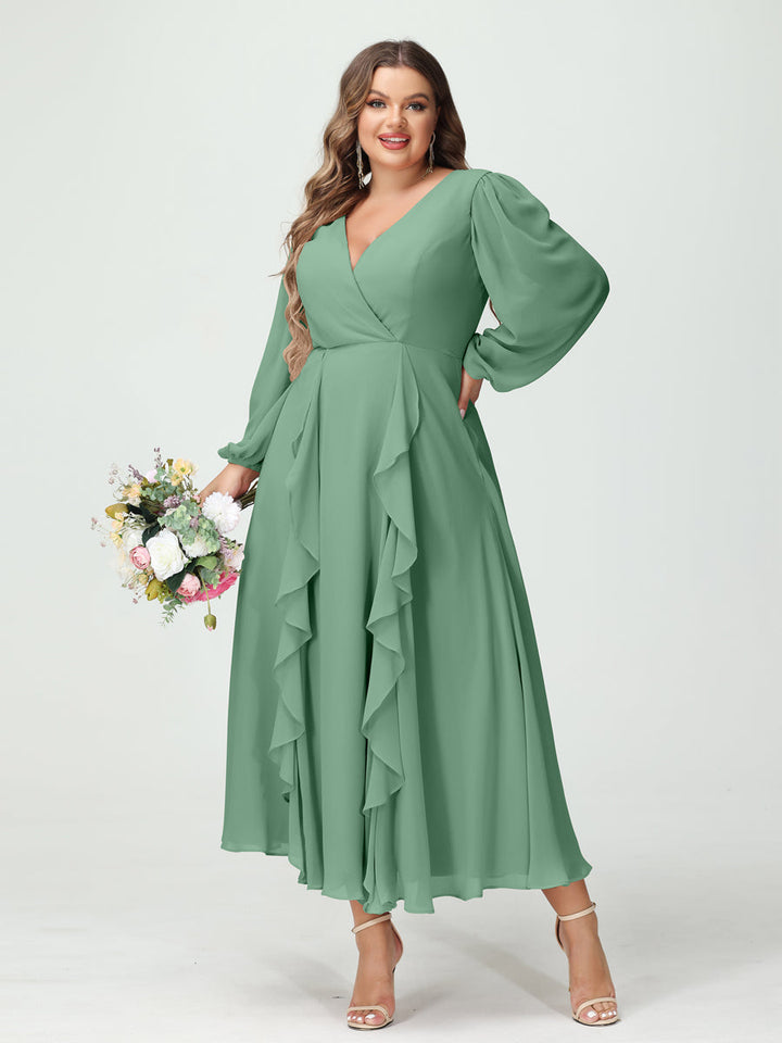 A-Line/Princess V-Neck Long Sleeves Chiffon Tea-Length Plus Size Bridesmaid Dresses with Pockets & Ruffles