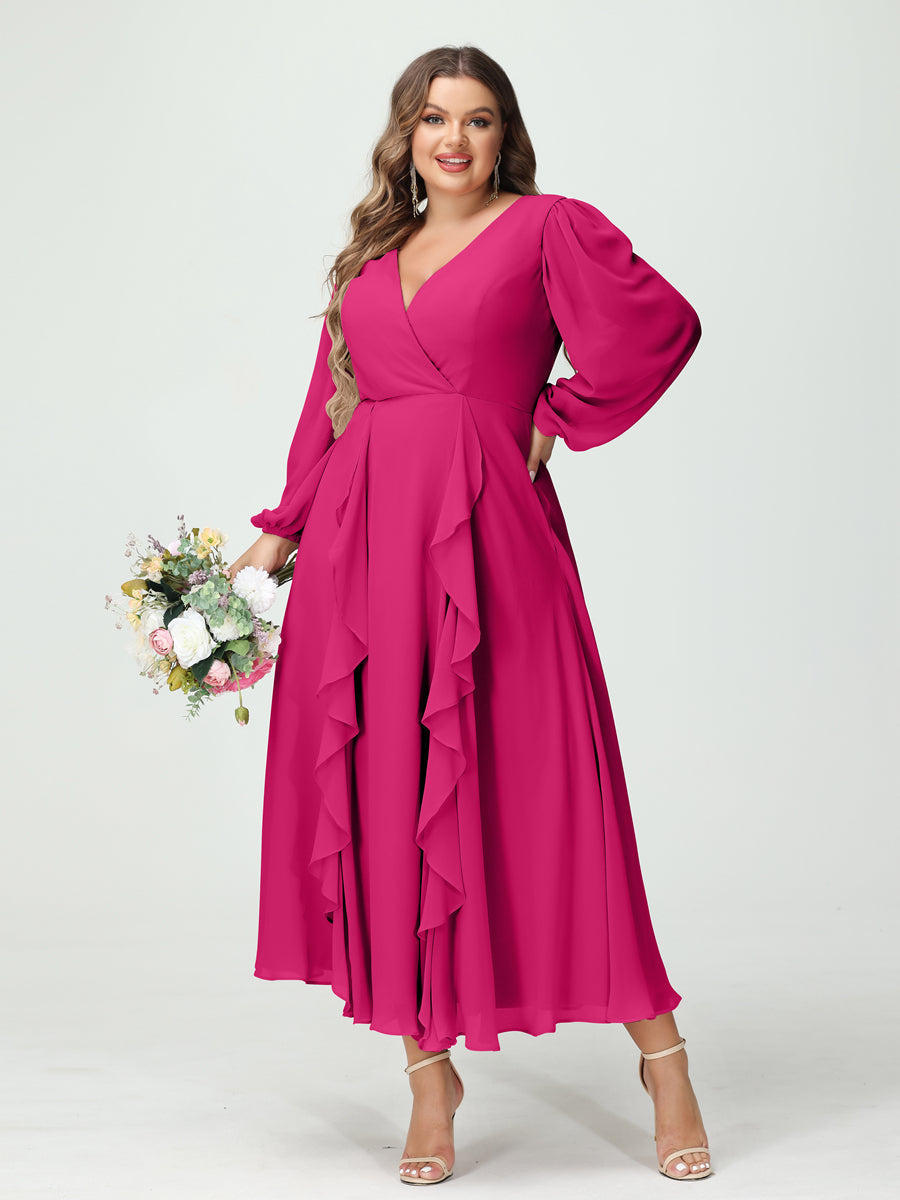 A-Line/Princess V-Neck Long Sleeves Chiffon Tea-Length Plus Size Bridesmaid Dresses with Pockets & Ruffles
