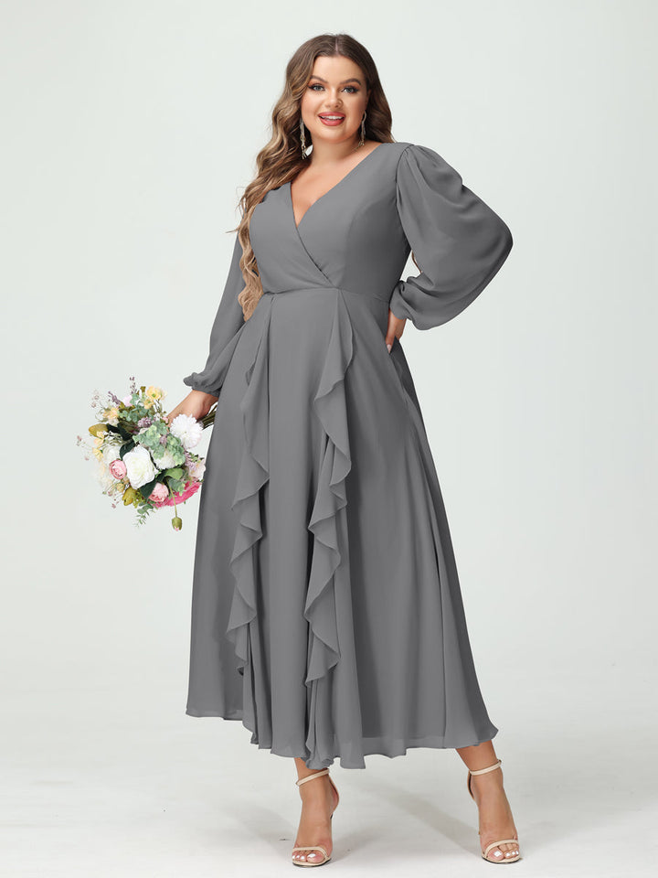 A-Line/Princess V-Neck Long Sleeves Chiffon Tea-Length Plus Size Bridesmaid Dresses with Pockets & Ruffles