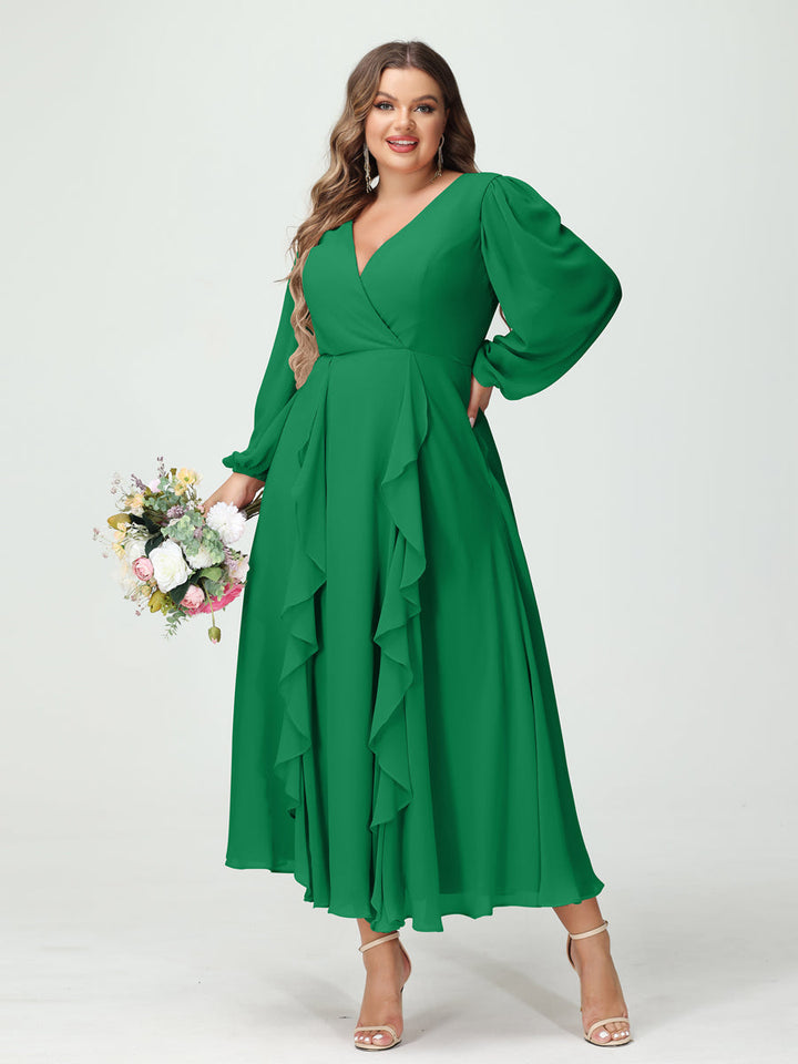 A-Line/Princess V-Neck Long Sleeves Chiffon Tea-Length Plus Size Bridesmaid Dresses with Pockets & Ruffles
