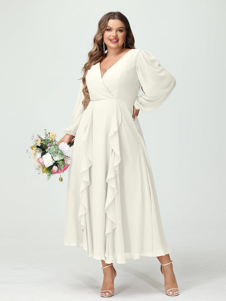 A-Line/Princess V-Neck Long Sleeves Chiffon Tea-Length Plus Size Bridesmaid Dresses with Pockets & Ruffles