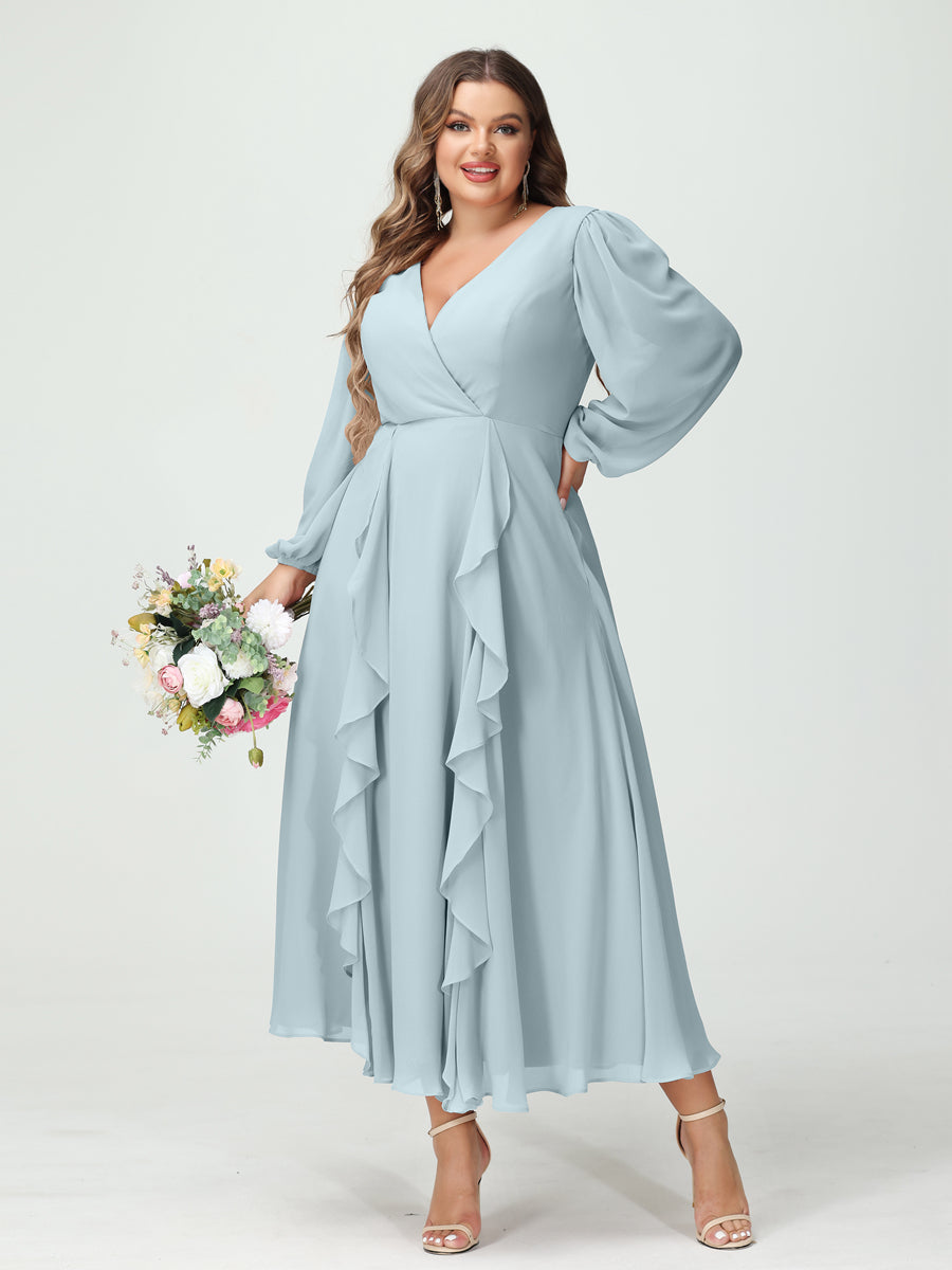 A-Line/Princess V-Neck Long Sleeves Chiffon Tea-Length Plus Size Bridesmaid Dresses with Pockets & Ruffles