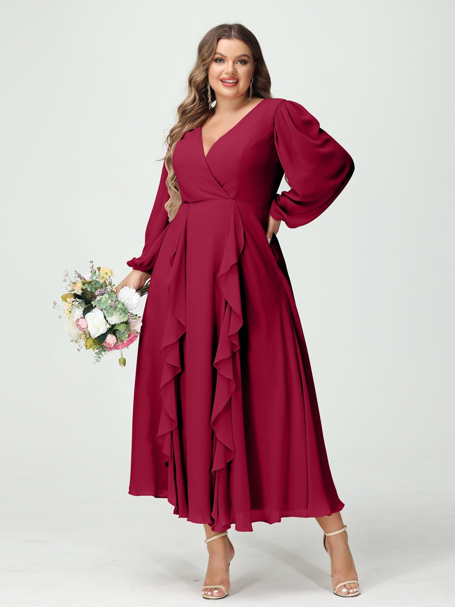 A-Line/Princess V-Neck Long Sleeves Chiffon Tea-Length Plus Size Bridesmaid Dresses with Pockets & Ruffles