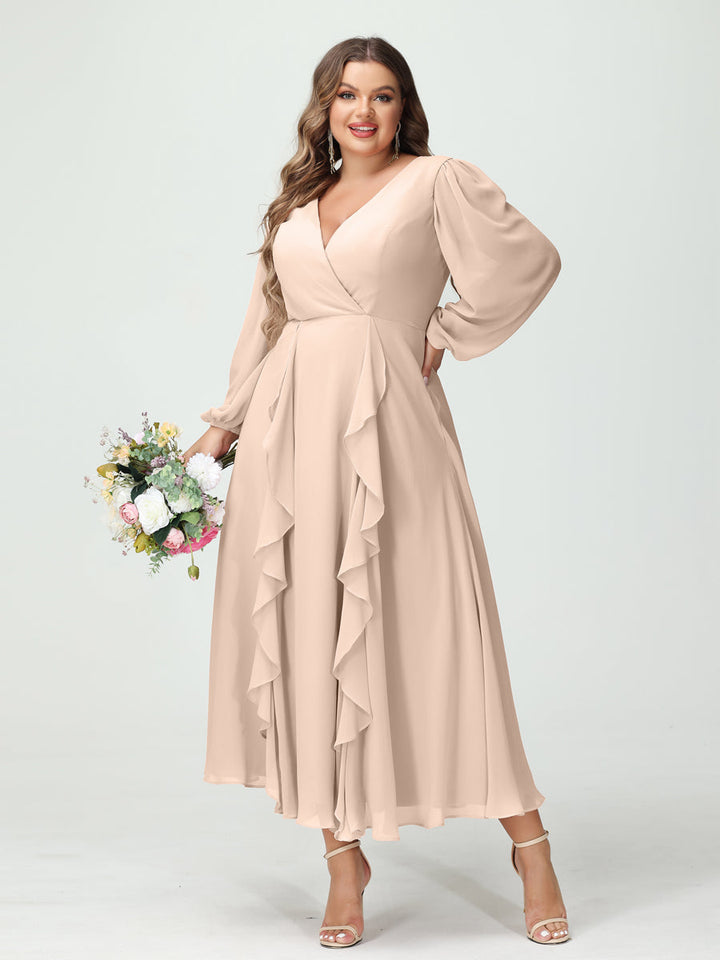 A-Line/Princess V-Neck Long Sleeves Chiffon Tea-Length Plus Size Bridesmaid Dresses with Pockets & Ruffles