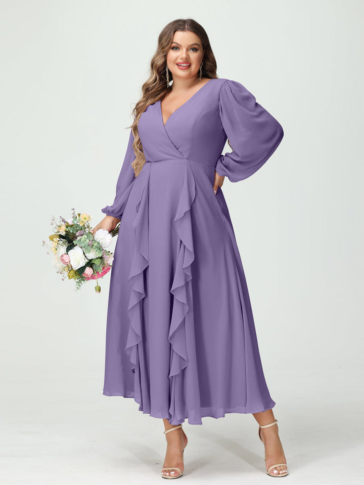 A-Line/Princess V-Neck Long Sleeves Chiffon Tea-Length Plus Size Bridesmaid Dresses with Pockets & Ruffles