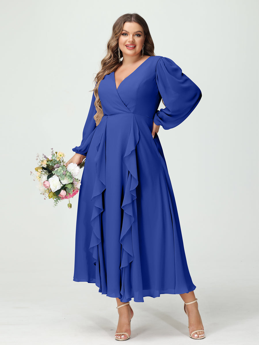 A-Line/Princess V-Neck Long Sleeves Chiffon Tea-Length Plus Size Bridesmaid Dresses with Pockets & Ruffles