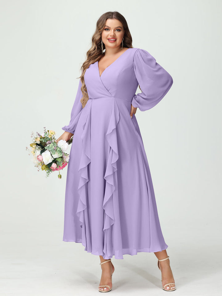 A-Line/Princess V-Neck Long Sleeves Chiffon Tea-Length Plus Size Bridesmaid Dresses with Pockets & Ruffles