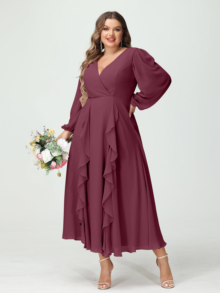 A-Line/Princess V-Neck Long Sleeves Chiffon Tea-Length Plus Size Bridesmaid Dresses with Pockets & Ruffles