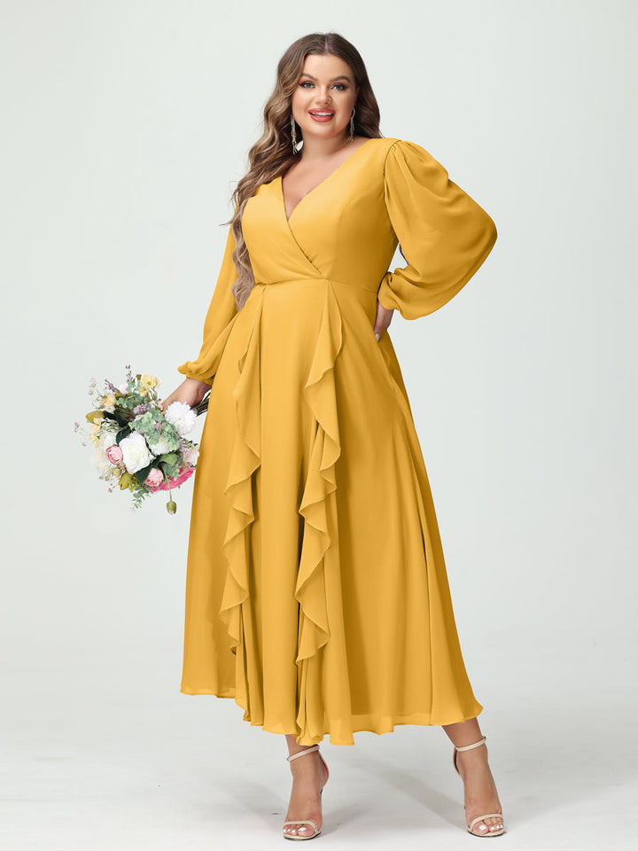 A-Line/Princess V-Neck Long Sleeves Chiffon Tea-Length Plus Size Bridesmaid Dresses with Pockets & Ruffles