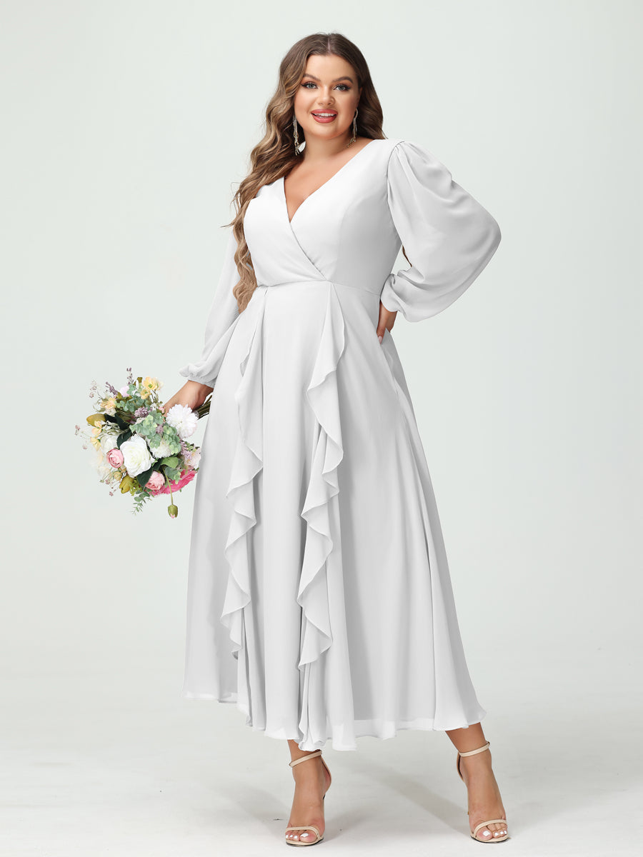 A-Line/Princess V-Neck Long Sleeves Chiffon Tea-Length Plus Size Bridesmaid Dresses with Pockets & Ruffles