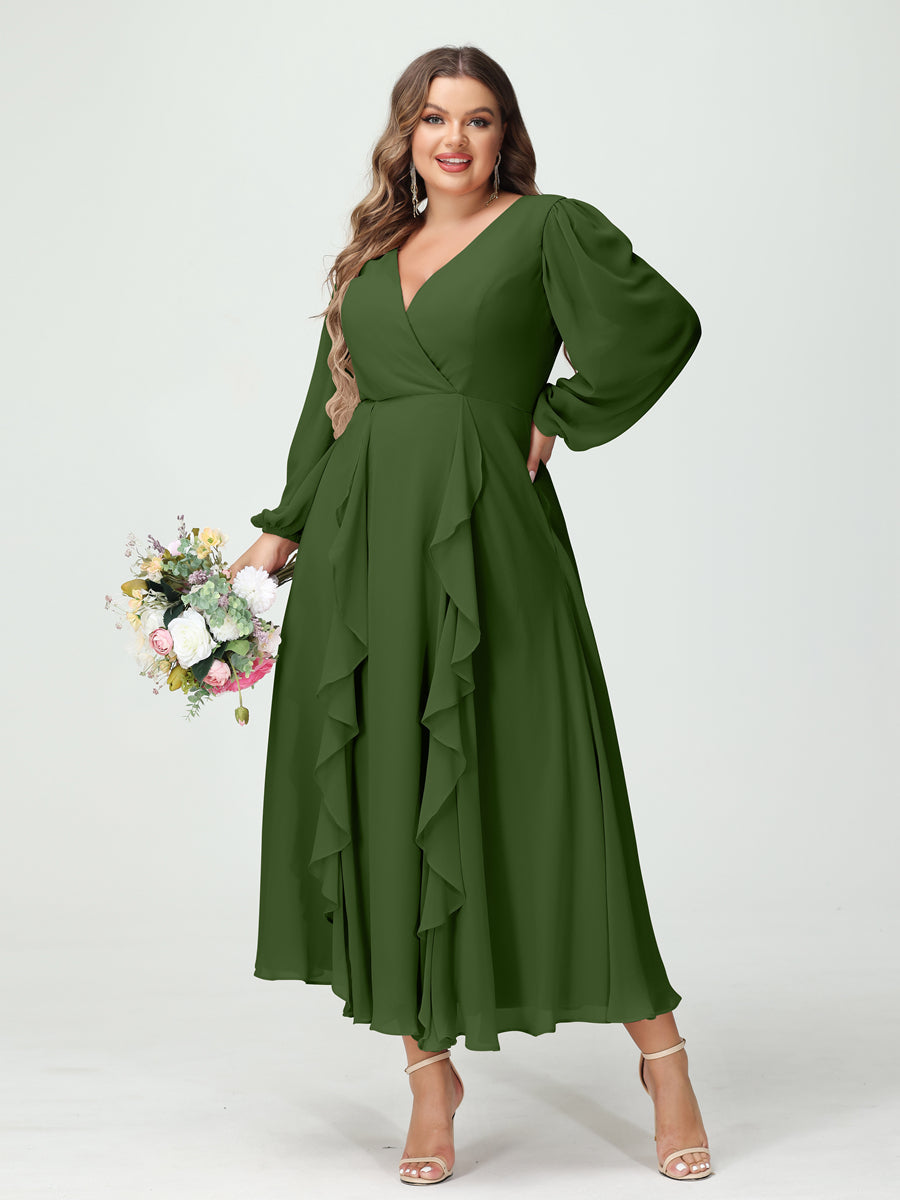 A-Line/Princess V-Neck Long Sleeves Chiffon Tea-Length Plus Size Bridesmaid Dresses with Pockets & Ruffles