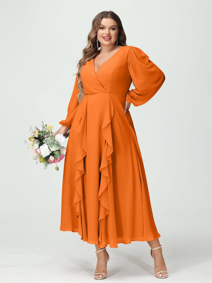 A-Line/Princess V-Neck Long Sleeves Chiffon Tea-Length Plus Size Bridesmaid Dresses with Pockets & Ruffles