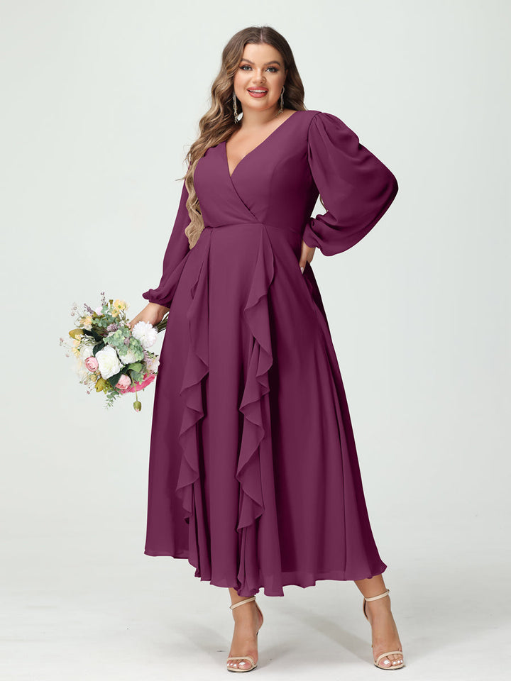 A-Line/Princess V-Neck Long Sleeves Chiffon Tea-Length Plus Size Bridesmaid Dresses with Pockets & Ruffles