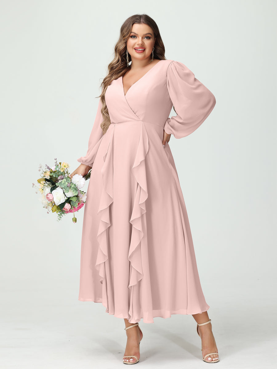 A-Line/Princess V-Neck Long Sleeves Chiffon Tea-Length Plus Size Bridesmaid Dresses with Pockets & Ruffles