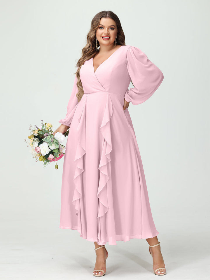 A-Line/Princess V-Neck Long Sleeves Chiffon Tea-Length Plus Size Bridesmaid Dresses with Pockets & Ruffles