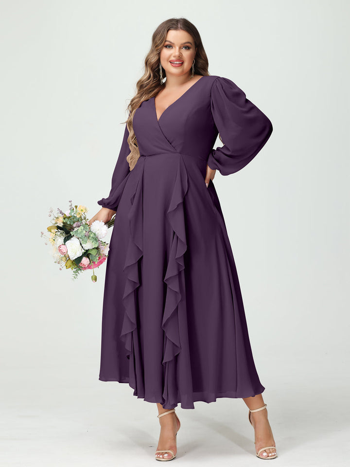 A-Line/Princess V-Neck Long Sleeves Chiffon Tea-Length Plus Size Bridesmaid Dresses with Pockets & Ruffles