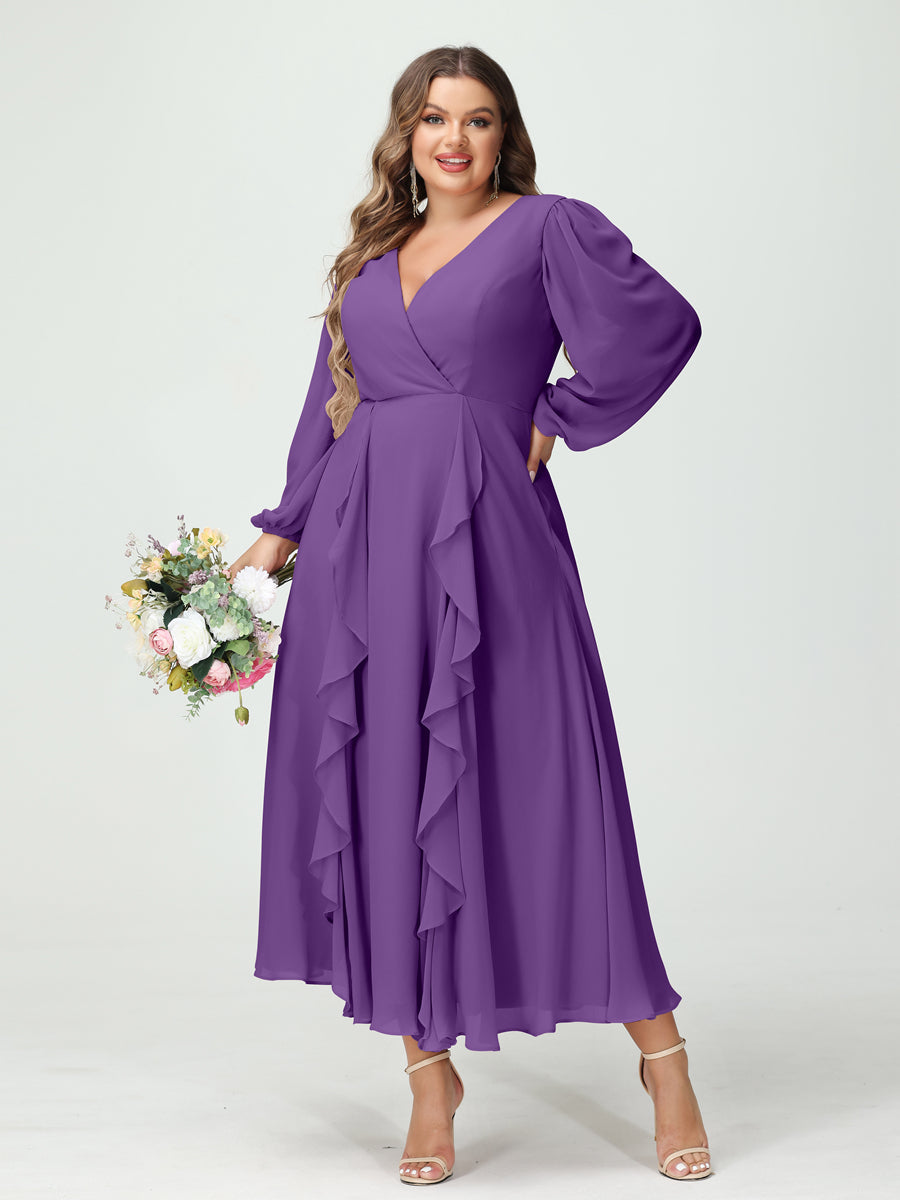 A-Line/Princess V-Neck Long Sleeves Chiffon Tea-Length Plus Size Bridesmaid Dresses with Pockets & Ruffles