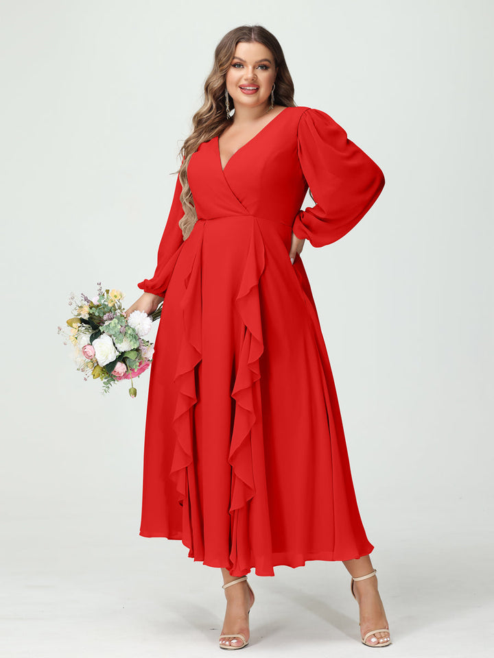 A-Line/Princess V-Neck Long Sleeves Chiffon Tea-Length Plus Size Bridesmaid Dresses with Pockets & Ruffles