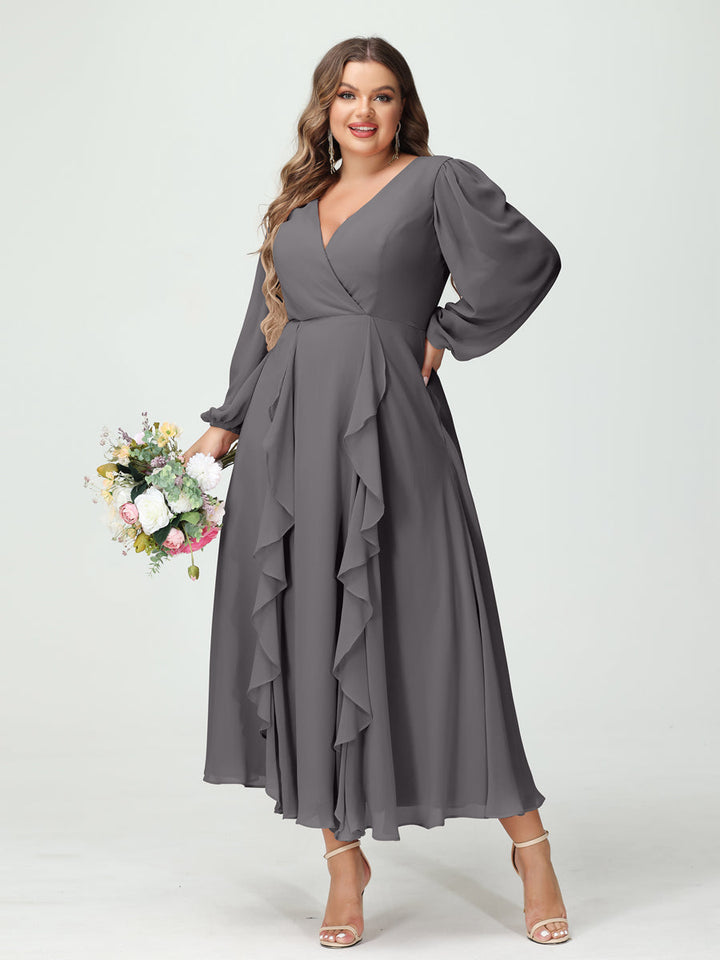 A-Line/Princess V-Neck Long Sleeves Chiffon Tea-Length Plus Size Bridesmaid Dresses with Pockets & Ruffles