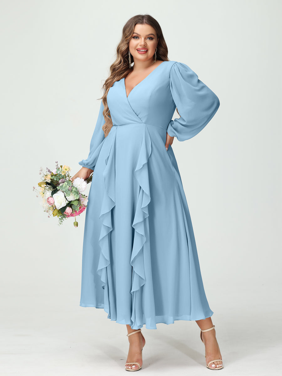 A-Line/Princess V-Neck Long Sleeves Chiffon Tea-Length Plus Size Bridesmaid Dresses with Pockets & Ruffles