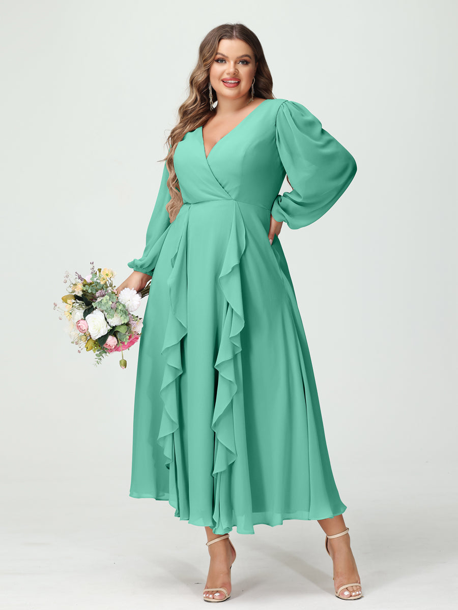 A-Line/Princess V-Neck Long Sleeves Chiffon Tea-Length Plus Size Bridesmaid Dresses with Pockets & Ruffles