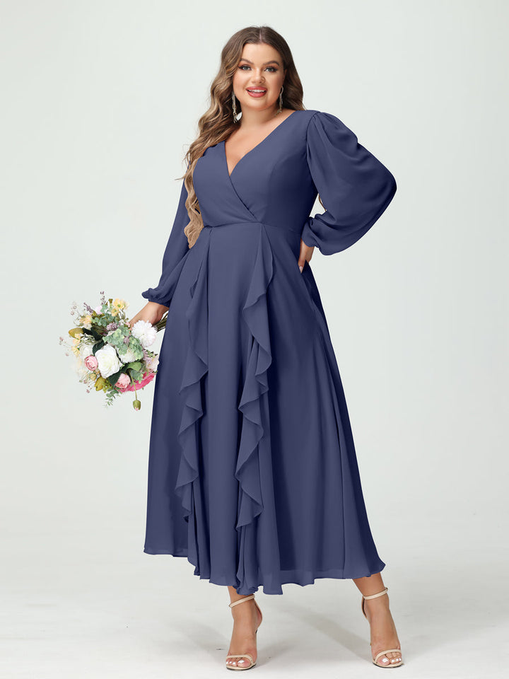 A-Line/Princess V-Neck Long Sleeves Chiffon Tea-Length Plus Size Bridesmaid Dresses with Pockets & Ruffles
