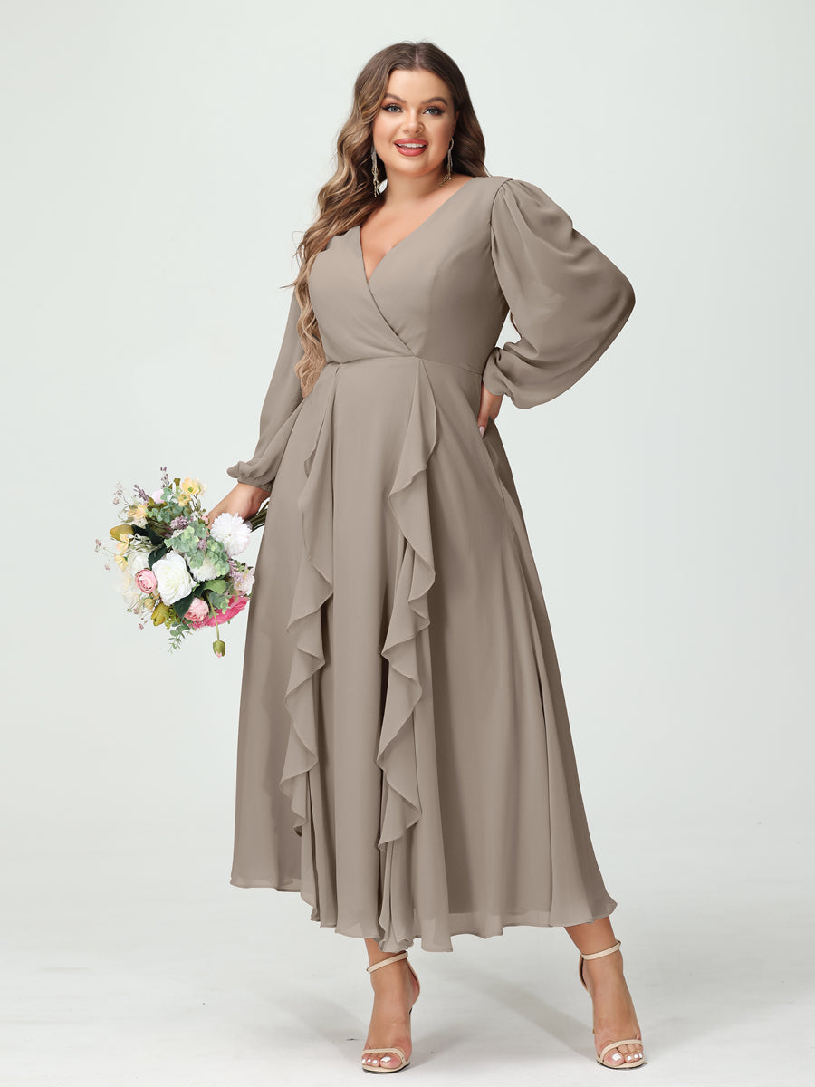A-Line/Princess V-Neck Long Sleeves Chiffon Tea-Length Plus Size Bridesmaid Dresses with Pockets & Ruffles