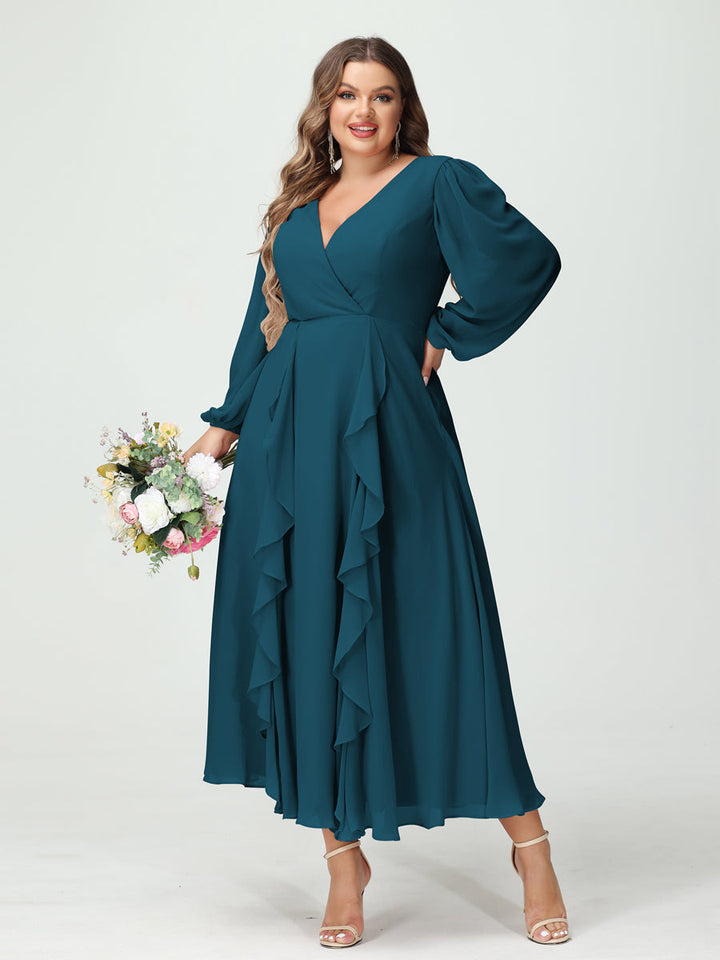 A-Line/Princess V-Neck Long Sleeves Chiffon Tea-Length Plus Size Bridesmaid Dresses with Pockets & Ruffles