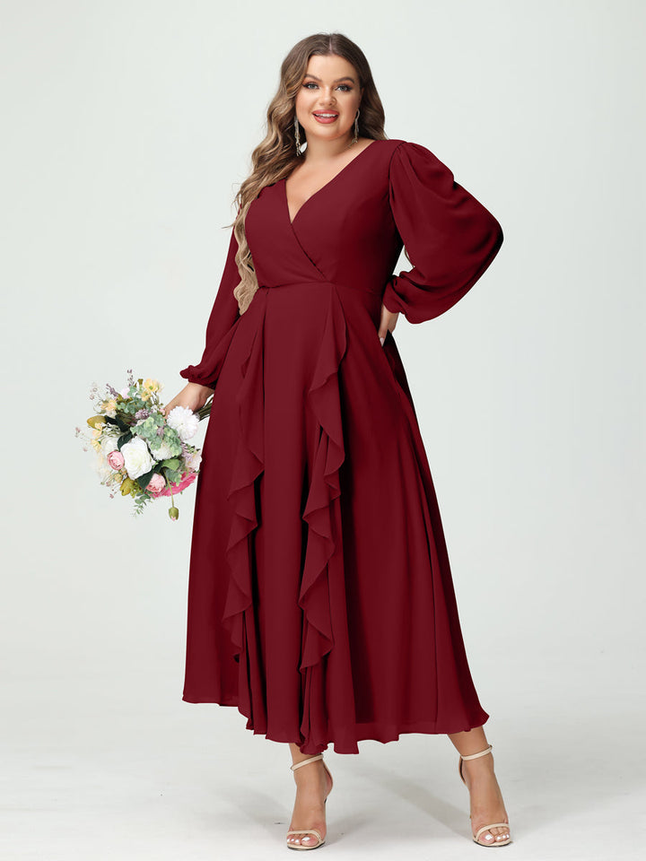 A-Line/Princess V-Neck Long Sleeves Chiffon Tea-Length Plus Size Bridesmaid Dresses with Pockets & Ruffles