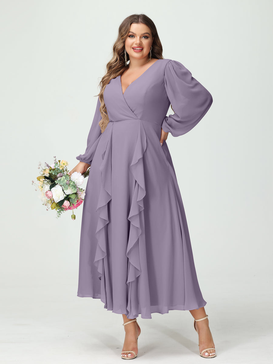 A-Line/Princess V-Neck Long Sleeves Chiffon Tea-Length Plus Size Bridesmaid Dresses with Pockets & Ruffles