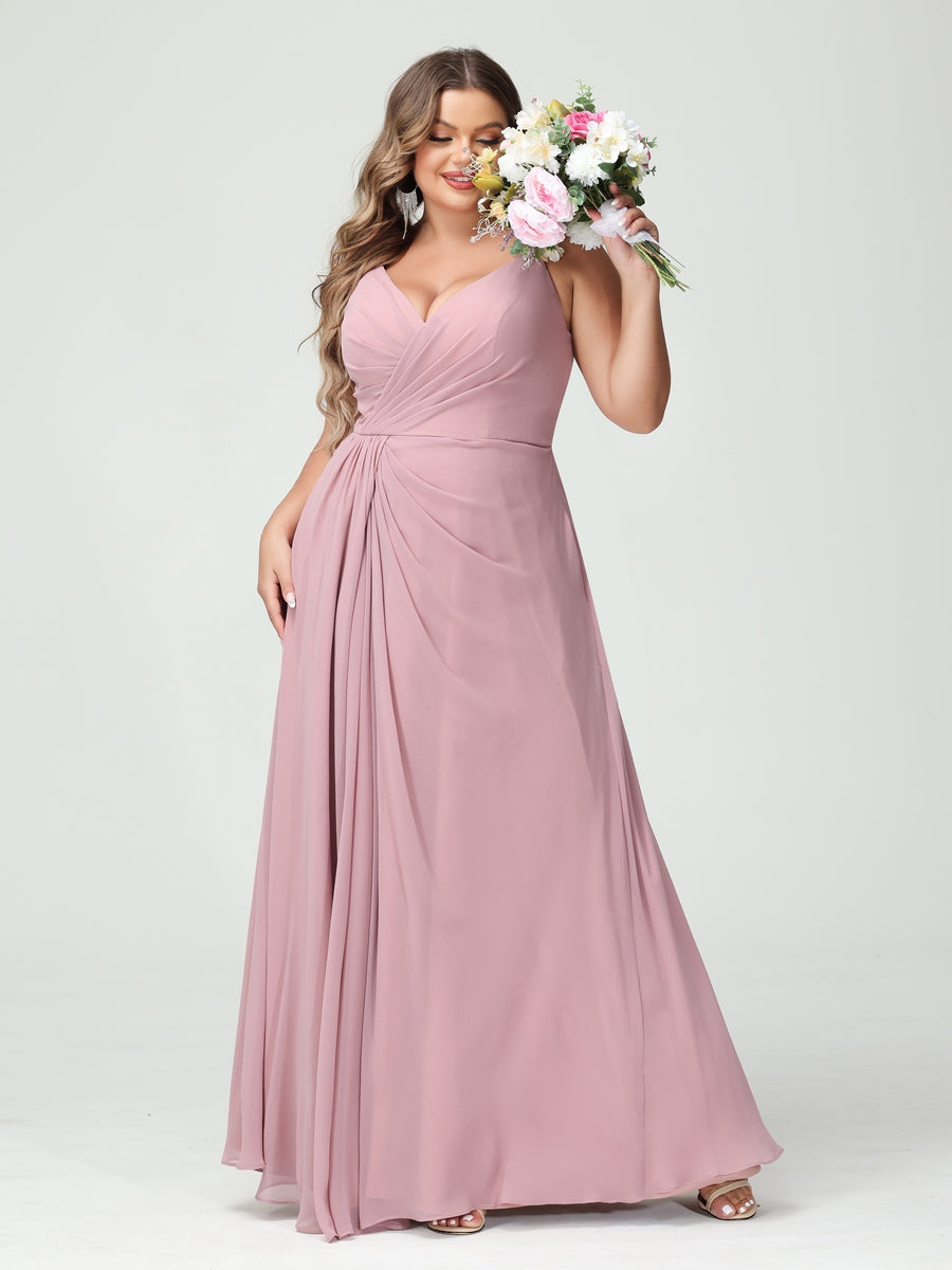 A-Line/Princess Spaghetti Straps Sleeveless Chiffon Plus Size Bridesmaid Dresses with Pockets & Split Side