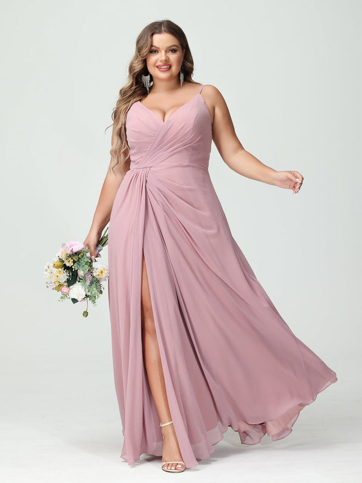A-Line/Princess Spaghetti Straps Sleeveless Chiffon Plus Size Bridesmaid Dresses with Pockets & Split Side