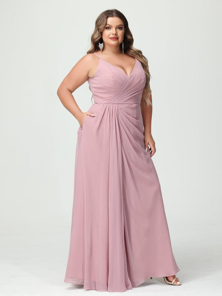 A-Line/Princess Spaghetti Straps Sleeveless Chiffon Plus Size Bridesmaid Dresses with Pockets & Split Side