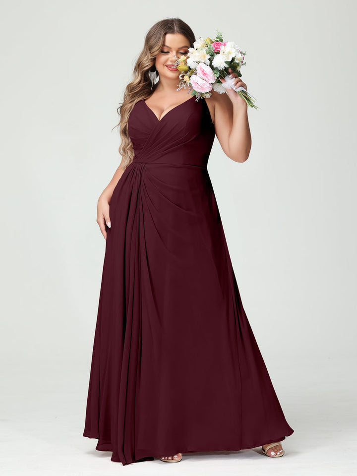 A-Line/Princess Spaghetti Straps Sleeveless Chiffon Plus Size Bridesmaid Dresses with Pockets & Split Side