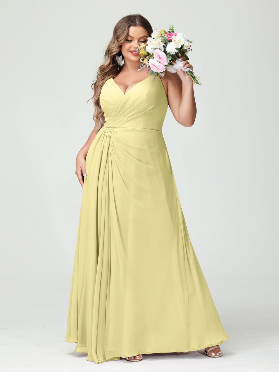 A-Line/Princess Spaghetti Straps Sleeveless Chiffon Plus Size Bridesmaid Dresses with Pockets & Split Side