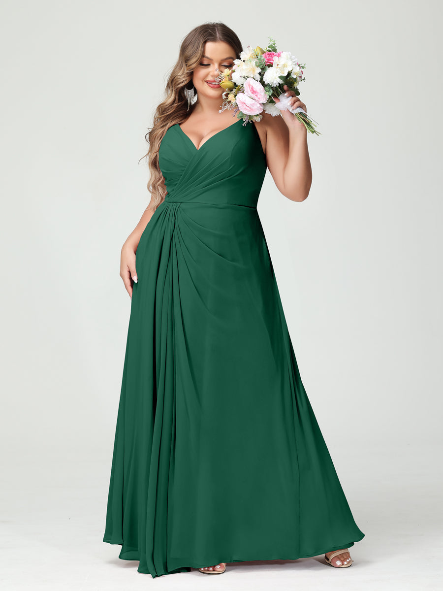 A-Line/Princess Spaghetti Straps Sleeveless Chiffon Plus Size Bridesmaid Dresses with Pockets & Split Side