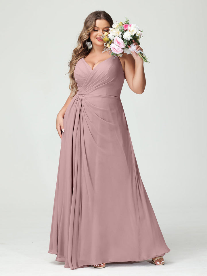A-Line/Princess Spaghetti Straps Sleeveless Chiffon Plus Size Bridesmaid Dresses with Pockets & Split Side