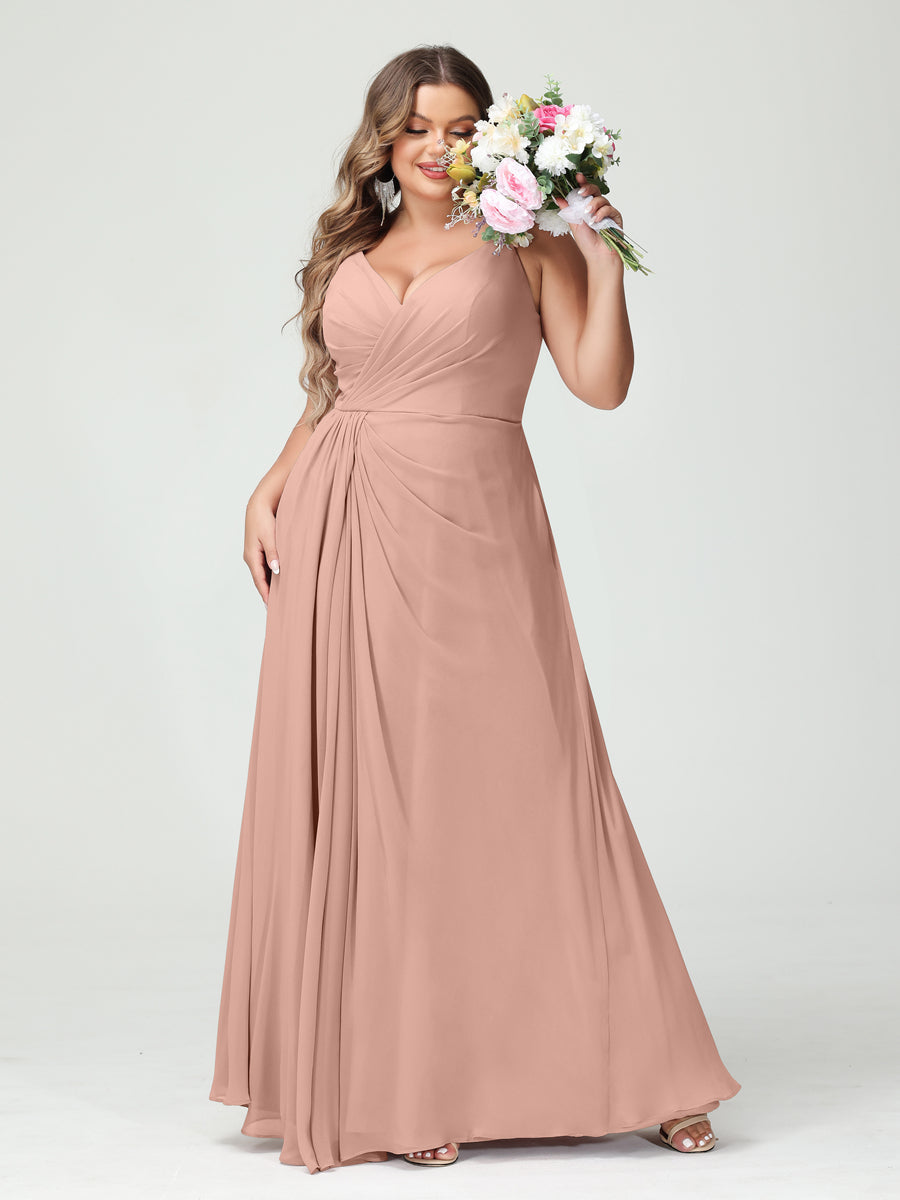 A-Line/Princess Spaghetti Straps Sleeveless Chiffon Plus Size Bridesmaid Dresses with Pockets & Split Side