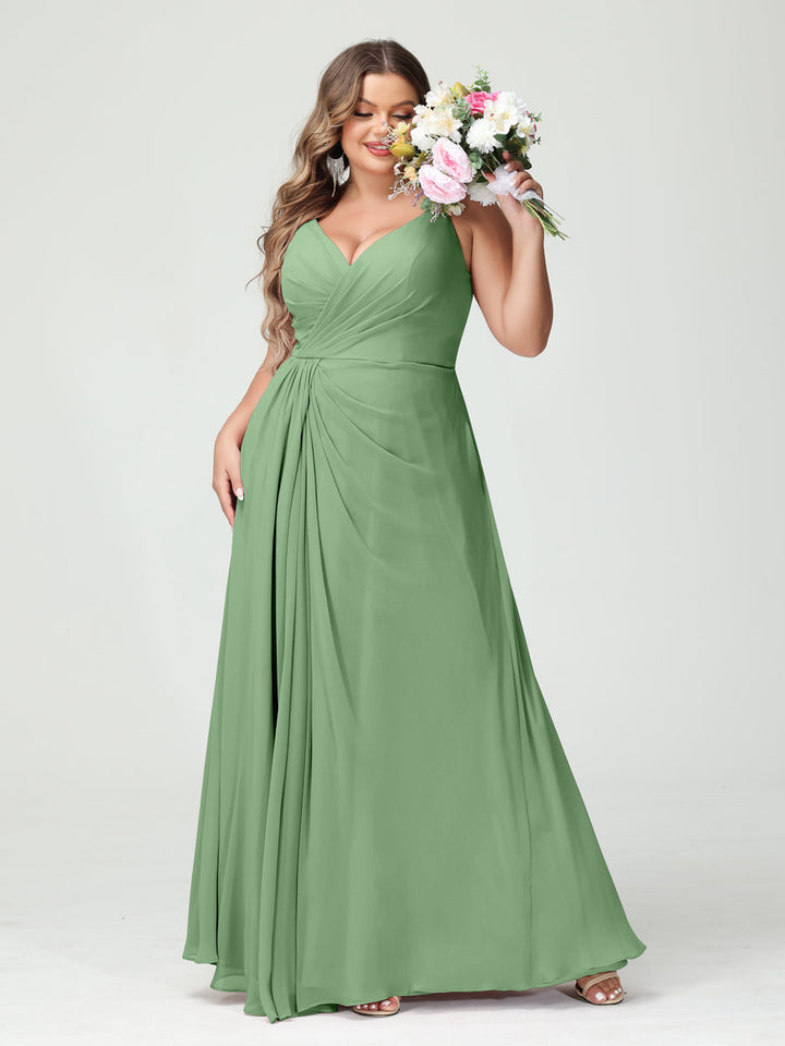 A-Line/Princess Spaghetti Straps Sleeveless Chiffon Plus Size Bridesmaid Dresses with Pockets & Split Side