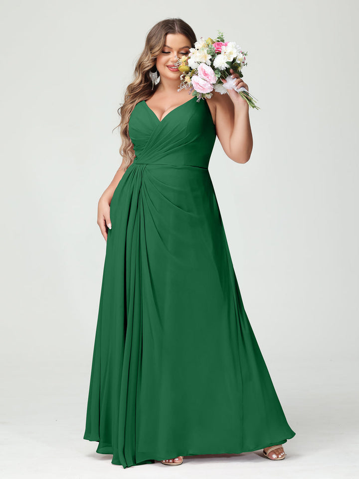 A-Line/Princess Spaghetti Straps Sleeveless Chiffon Plus Size Bridesmaid Dresses with Pockets & Split Side