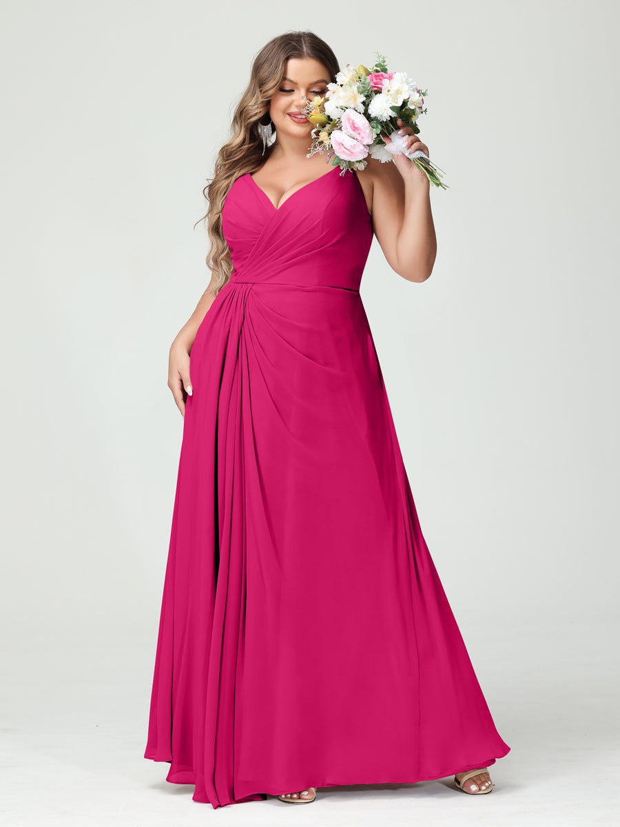A-Line/Princess Spaghetti Straps Sleeveless Chiffon Plus Size Bridesmaid Dresses with Pockets & Split Side
