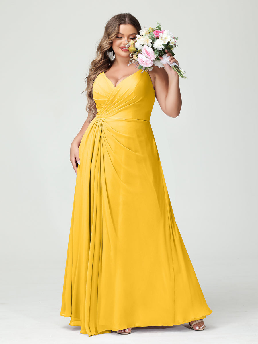 A-Line/Princess Spaghetti Straps Sleeveless Chiffon Plus Size Bridesmaid Dresses with Pockets & Split Side