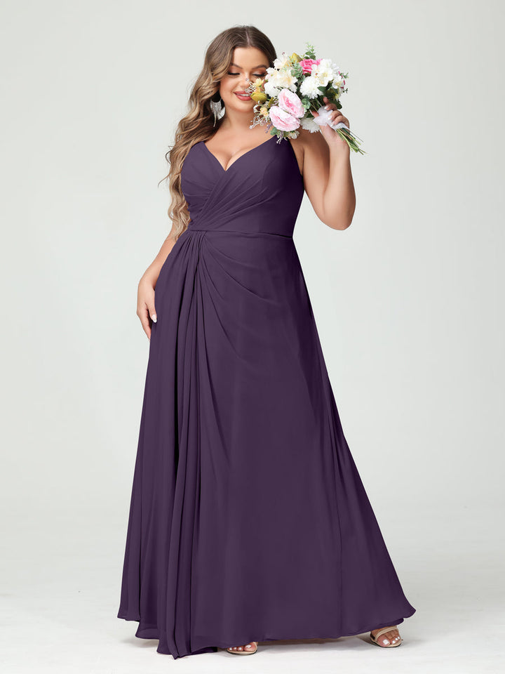 A-Line/Princess Spaghetti Straps Sleeveless Chiffon Plus Size Bridesmaid Dresses with Pockets & Split Side