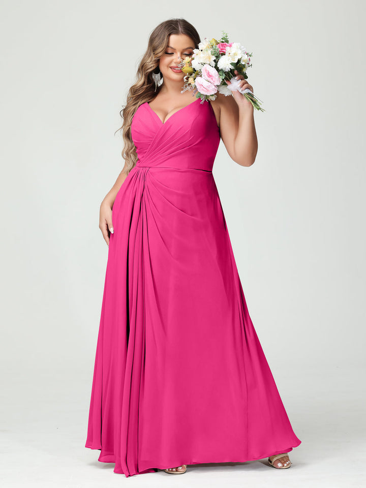 A-Line/Princess Spaghetti Straps Sleeveless Chiffon Plus Size Bridesmaid Dresses with Pockets & Split Side