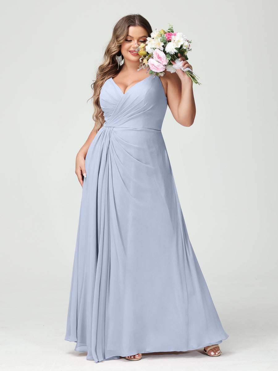 A-Line/Princess Spaghetti Straps Sleeveless Chiffon Plus Size Bridesmaid Dresses with Pockets & Split Side