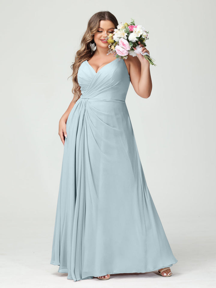 A-Line/Princess Spaghetti Straps Sleeveless Chiffon Plus Size Bridesmaid Dresses with Pockets & Split Side