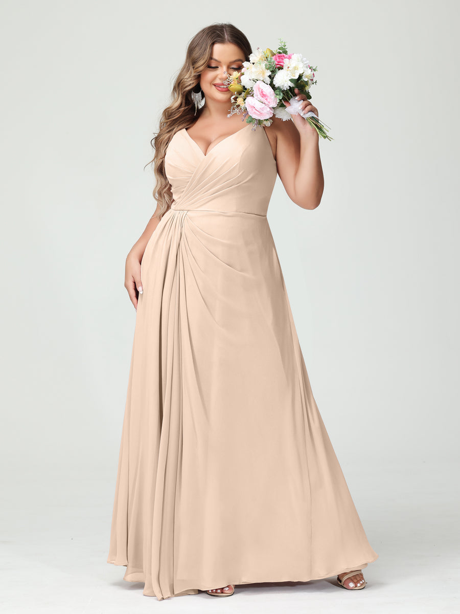 A-Line/Princess Spaghetti Straps Sleeveless Chiffon Plus Size Bridesmaid Dresses with Pockets & Split Side